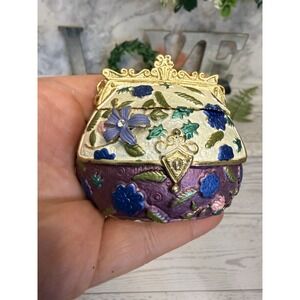 Vintage Purse Trinket Box Purple‎ White Floral Enameled Figurine Crystals 2"X3"